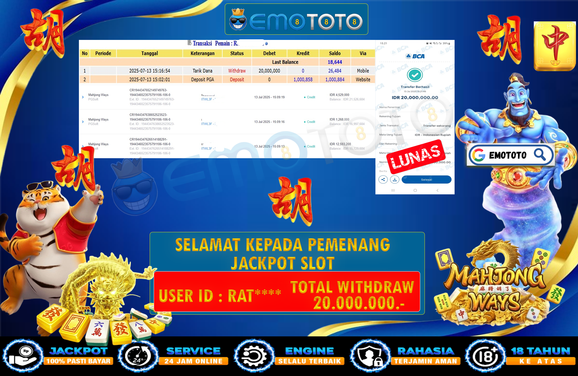 EMOTOTO : BUKTI JACKPOT MEMBER PERMAINAN SLOT PG SOFT RP 20.000.000 DI BAYAR LUNAS LANGSUNG KE REKENING MEMBER